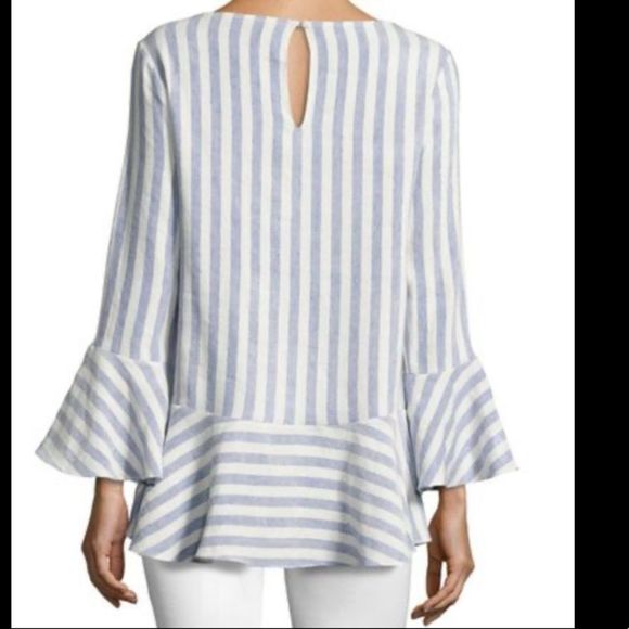 Revolve Alice + Olivia White Doyle Trumpet Sleeve Striped Blouse - Picture 2 of 13